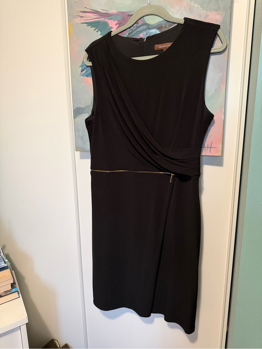 Melanie Lyne Black Sleeveless Draped Sheath Dress with Gold Zip Detail